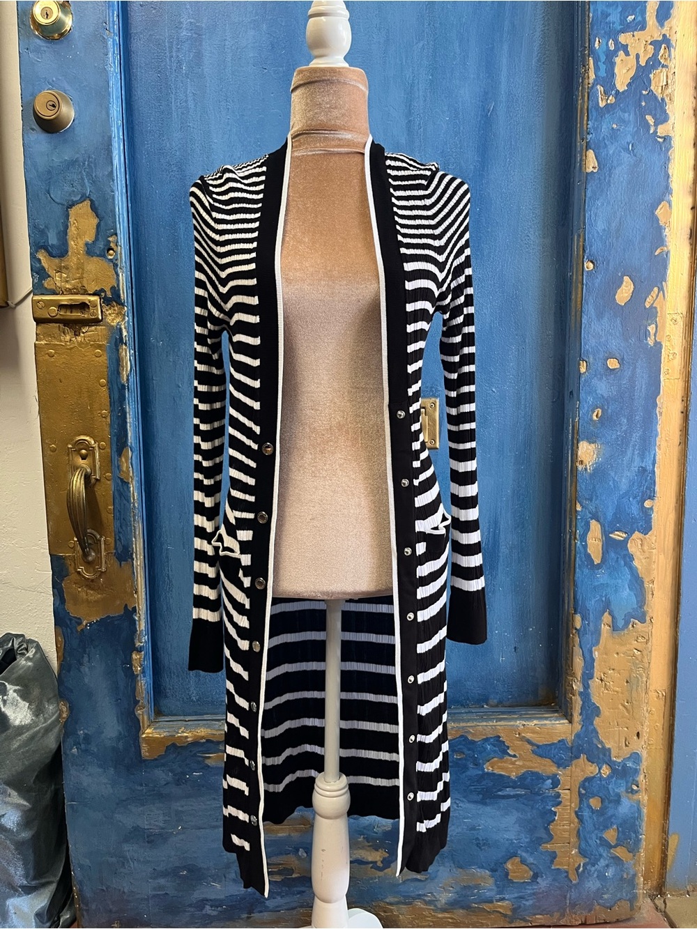 White House Black Market Black & White Striped Long Cardigan